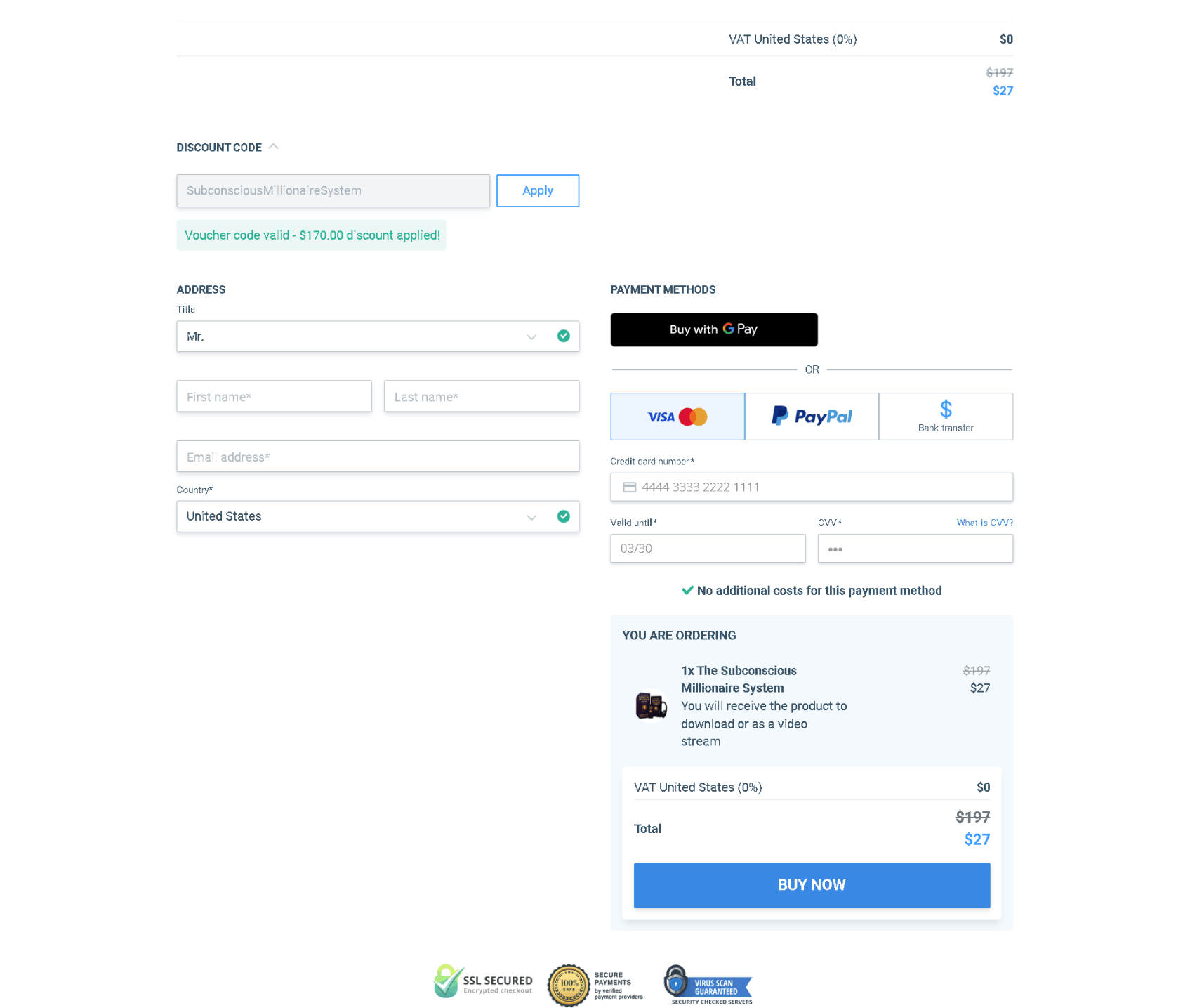 The Millionaire system Checkout Page
